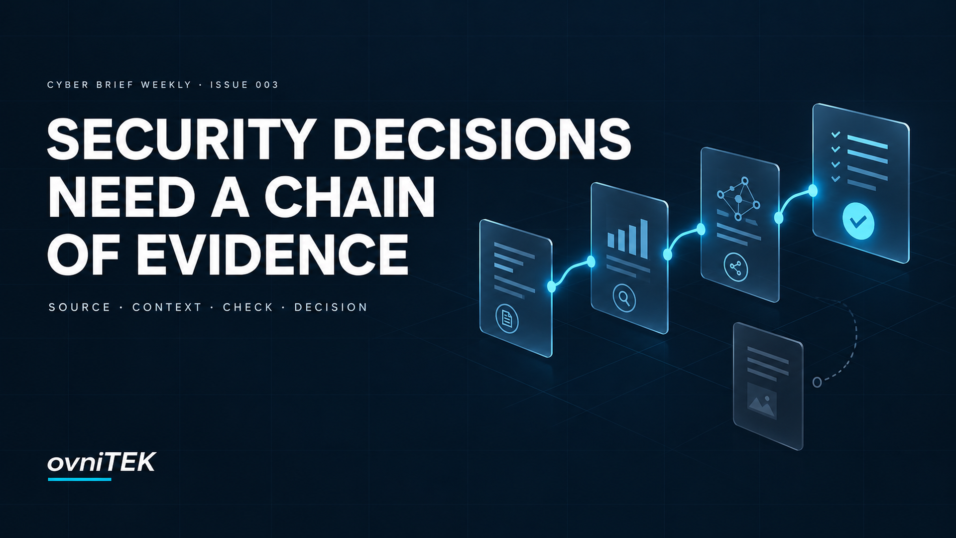 Cyber Brief Weekly #003 cover titled Security Decisions Need a Chain of Evidence. A cyan path connects evidence cards to a checked decision card; a dim, disconnected card sits below. Small ovniTEK wordmark at bottom left.